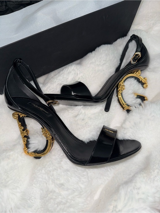 Dolce & Gabbana Shoes - Dolce & Gabbana Black Patent Leather Heels with Ornate Gold G-Shaped Heel